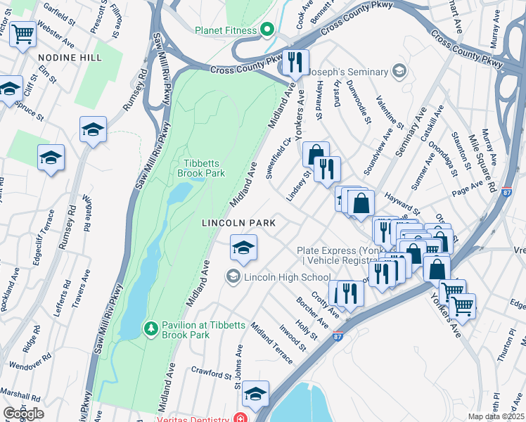 map of restaurants, bars, coffee shops, grocery stores, and more near 32 Sunset Drive in Yonkers