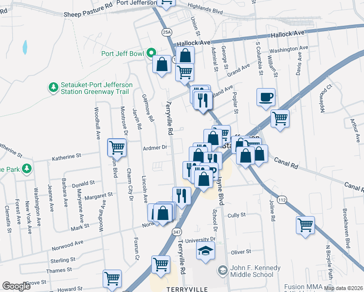 map of restaurants, bars, coffee shops, grocery stores, and more near 125 Terryville Road in Port Jefferson Station