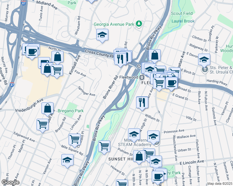 map of restaurants, bars, coffee shops, grocery stores, and more near 754 Bronx River Road in Yonkers