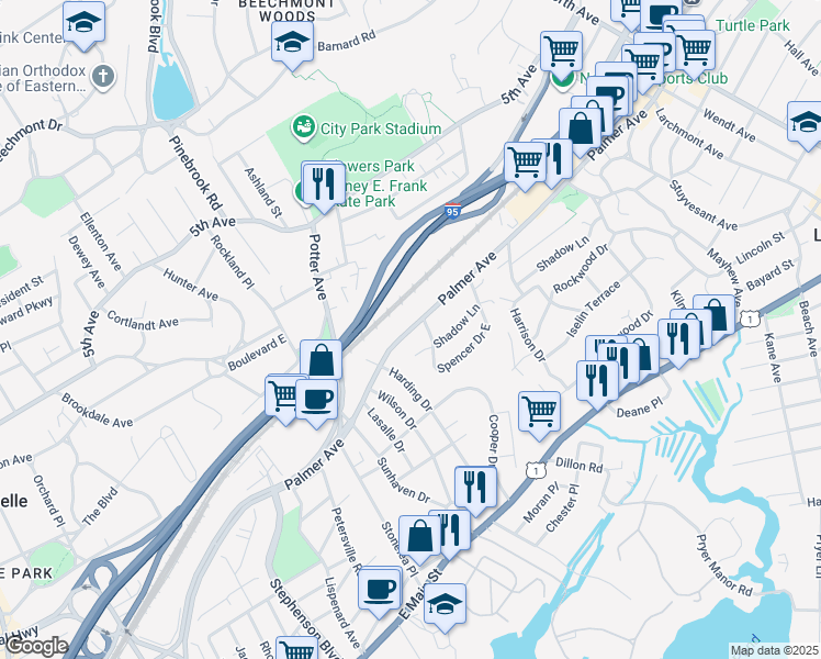 map of restaurants, bars, coffee shops, grocery stores, and more near 29 Spencer Drive in New Rochelle