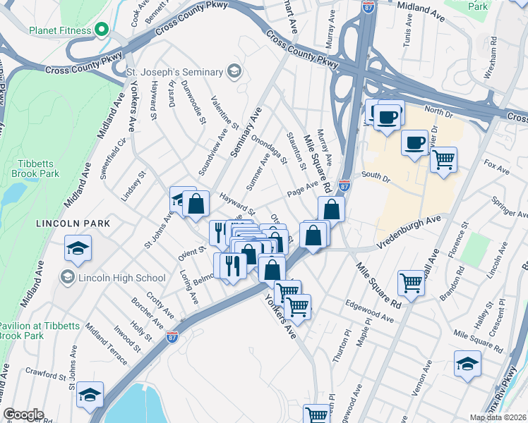 map of restaurants, bars, coffee shops, grocery stores, and more near 275 Hayward Street in Yonkers