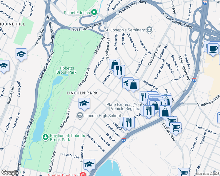 map of restaurants, bars, coffee shops, grocery stores, and more near 57 Frum Avenue in Yonkers