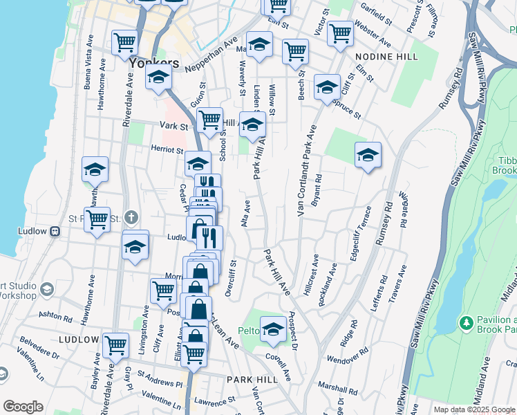 map of restaurants, bars, coffee shops, grocery stores, and more near 70 Alta Avenue in Yonkers
