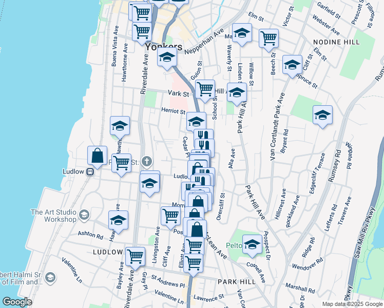 map of restaurants, bars, coffee shops, grocery stores, and more near 10 Highland Avenue in Yonkers