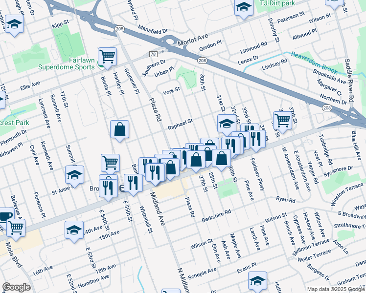 map of restaurants, bars, coffee shops, grocery stores, and more near 1-43 Plaza Road in Fair Lawn