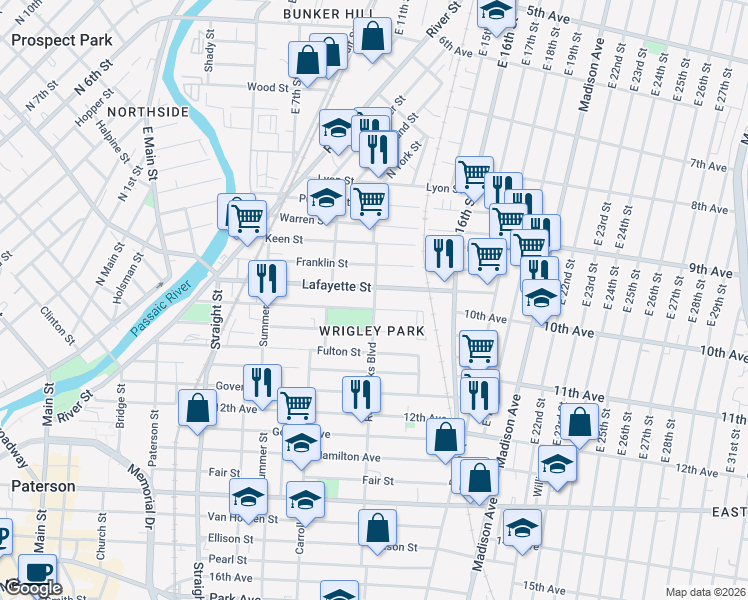 map of restaurants, bars, coffee shops, grocery stores, and more near in Paterson