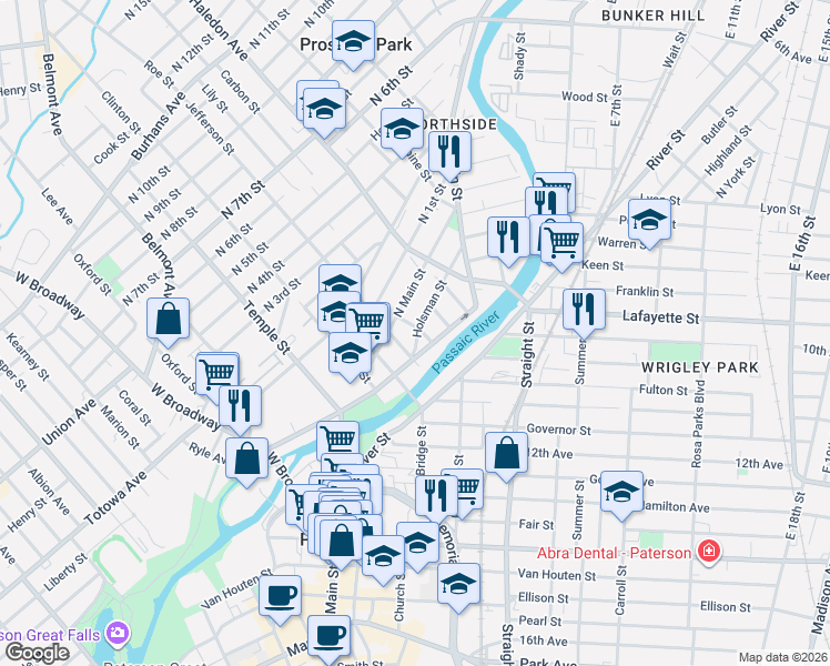 map of restaurants, bars, coffee shops, grocery stores, and more near 23 Jefferson Street in Paterson