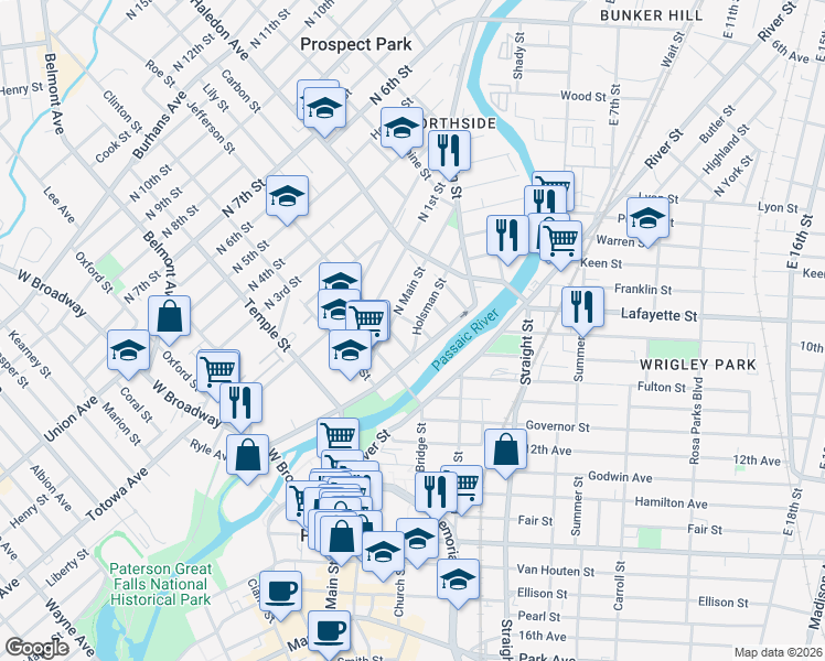 map of restaurants, bars, coffee shops, grocery stores, and more near 23 Jefferson Street in Paterson