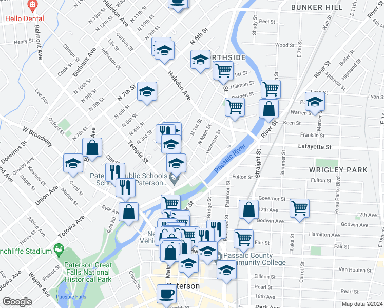 map of restaurants, bars, coffee shops, grocery stores, and more near 23 Jefferson Street in Paterson
