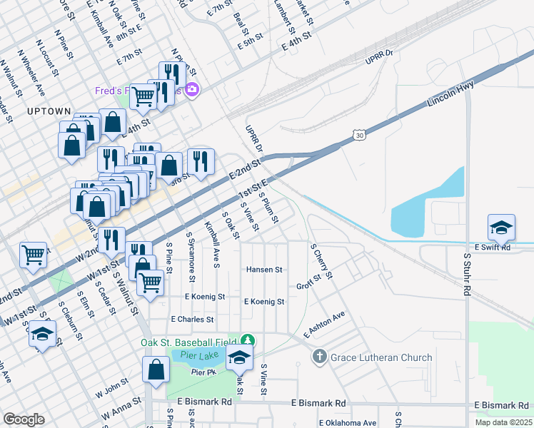 map of restaurants, bars, coffee shops, grocery stores, and more near 500-598 Yund Street in Grand Island