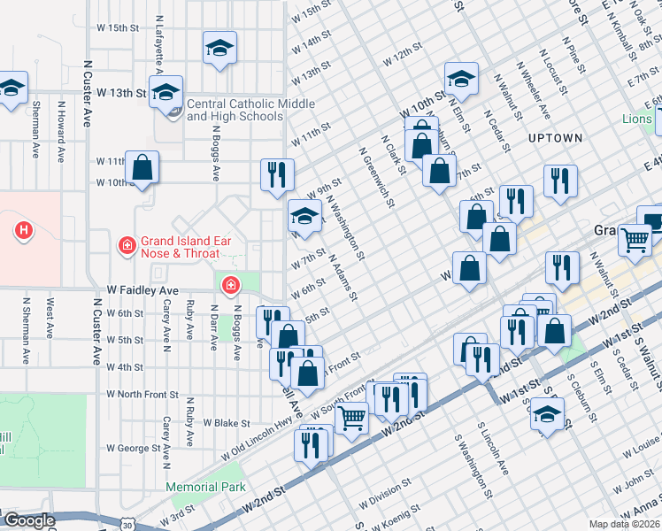 map of restaurants, bars, coffee shops, grocery stores, and more near 1307 West 6th Street in Grand Island