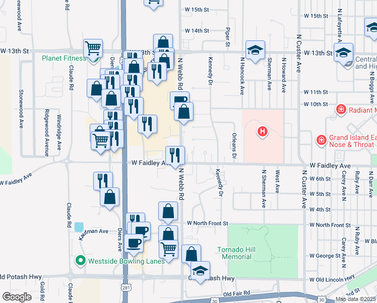 map of restaurants, bars, coffee shops, grocery stores, and more near 659 Faidley Place in Grand Island