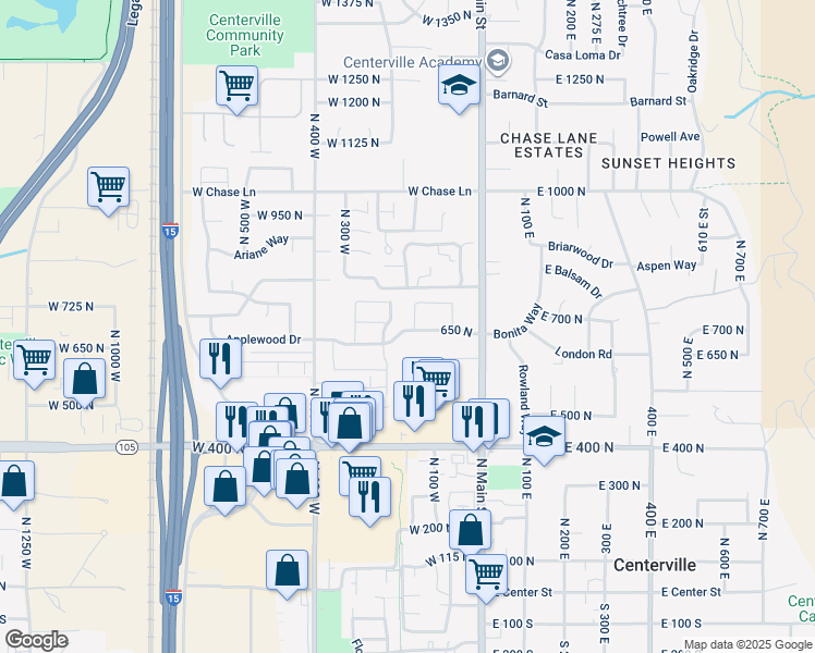 map of restaurants, bars, coffee shops, grocery stores, and more near 181 650 North in Centerville