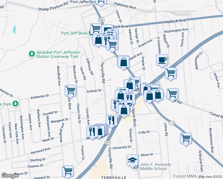 map of restaurants, bars, coffee shops, grocery stores, and more near 125 Terryville Road in Port Jefferson Station