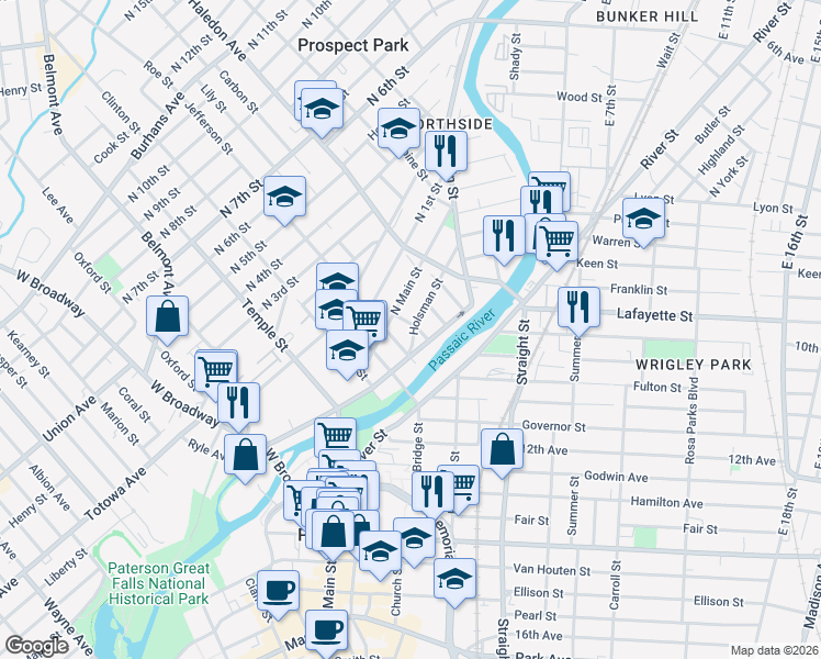 map of restaurants, bars, coffee shops, grocery stores, and more near 23 Jefferson Street in Paterson