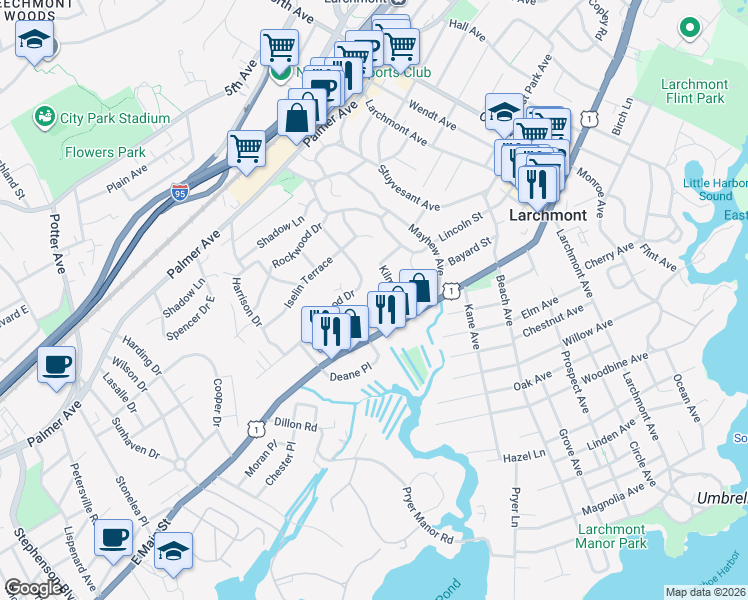 map of restaurants, bars, coffee shops, grocery stores, and more near 35 Pine Ridge Road in Larchmont