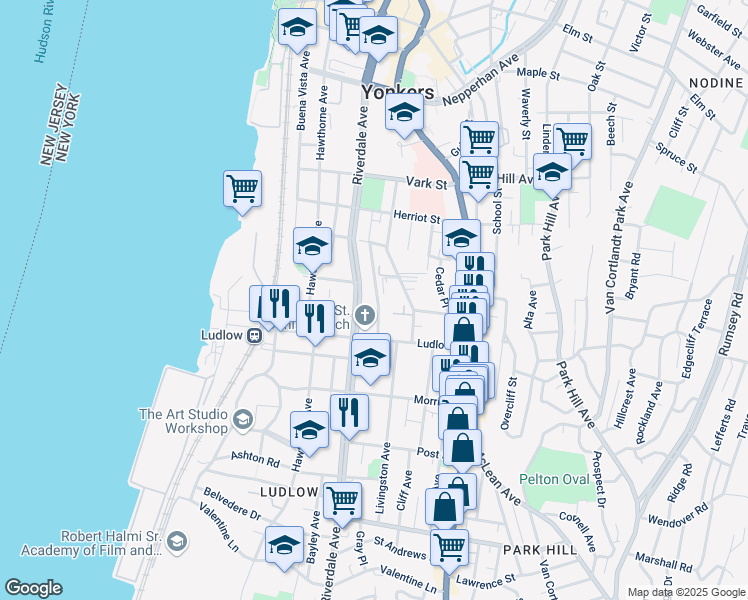 map of restaurants, bars, coffee shops, grocery stores, and more near in Yonkers