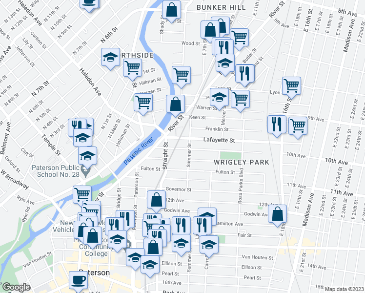 map of restaurants, bars, coffee shops, grocery stores, and more near 61 Montgomery Street in Paterson
