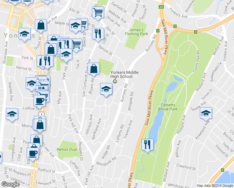 map of restaurants, bars, coffee shops, grocery stores, and more near 138 Edgecliff Terrace in Yonkers