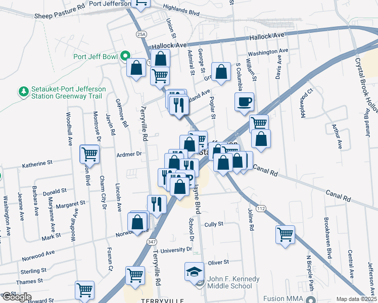 map of restaurants, bars, coffee shops, grocery stores, and more near 43 Jayne Boulevard in Port Jefferson Station