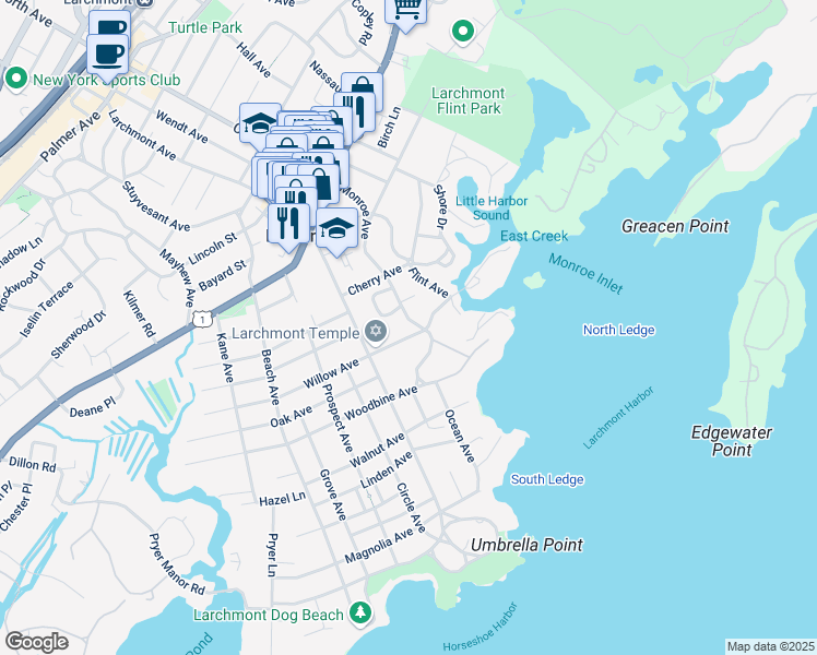 map of restaurants, bars, coffee shops, grocery stores, and more near 21 Willow Avenue in Larchmont