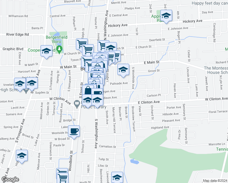 map of restaurants, bars, coffee shops, grocery stores, and more near 52 James Street in Bergenfield