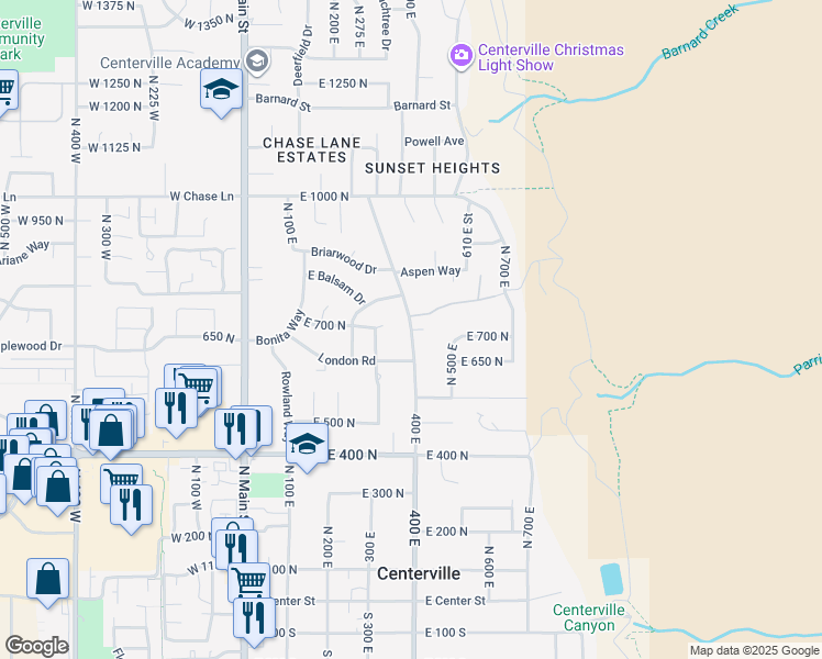 map of restaurants, bars, coffee shops, grocery stores, and more near 693 North 400 East in Centerville