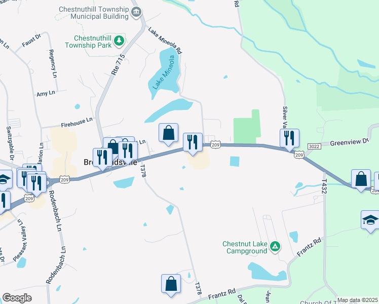 map of restaurants, bars, coffee shops, grocery stores, and more near 1854 U.S. 209 in Brodheadsville