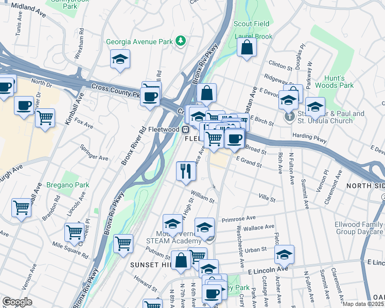 map of restaurants, bars, coffee shops, grocery stores, and more near 651 North Terrace Avenue in Mount Vernon