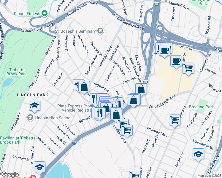 map of restaurants, bars, coffee shops, grocery stores, and more near 275 Hayward Street in Yonkers
