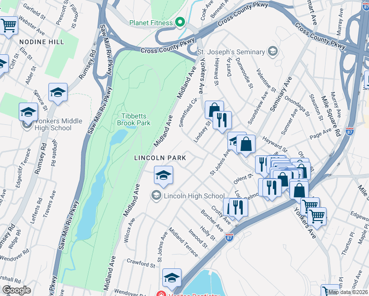 map of restaurants, bars, coffee shops, grocery stores, and more near 14 Borghild Avenue in Yonkers