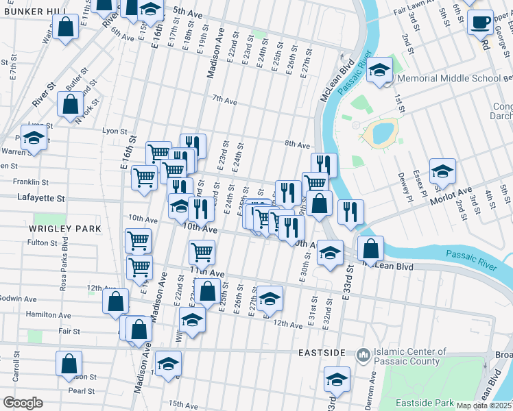 map of restaurants, bars, coffee shops, grocery stores, and more near 388 East 27th Street in Paterson