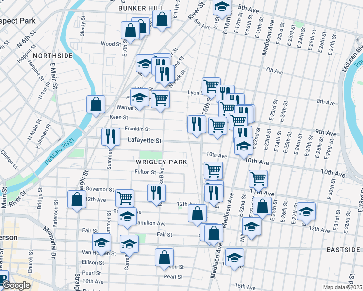 map of restaurants, bars, coffee shops, grocery stores, and more near 204 Montgomery Street in Paterson
