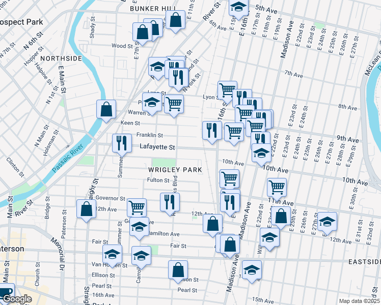 map of restaurants, bars, coffee shops, grocery stores, and more near 204 Montgomery Street in Paterson
