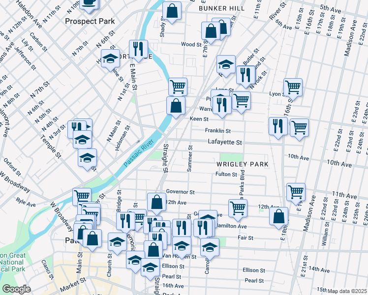 map of restaurants, bars, coffee shops, grocery stores, and more near 54 Montgomery Street in Paterson