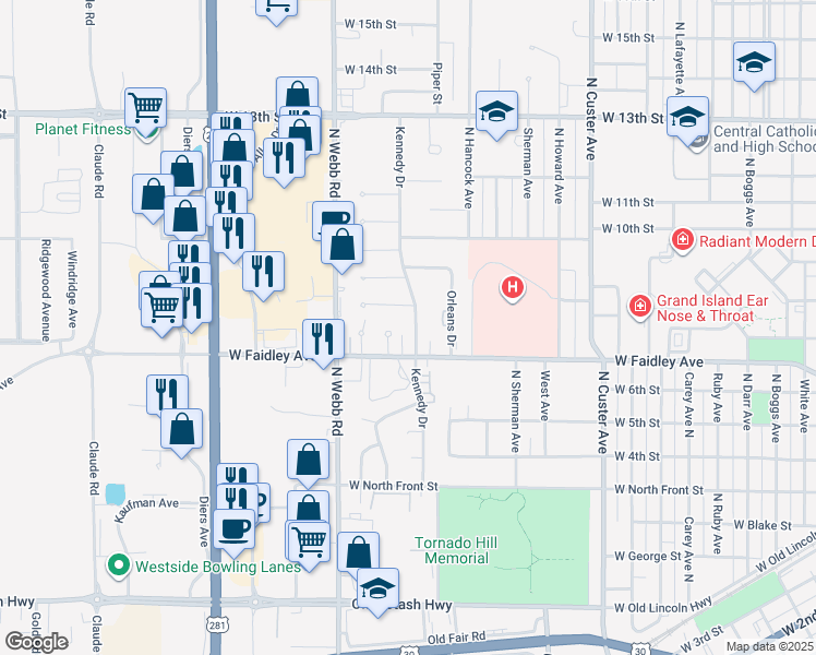 map of restaurants, bars, coffee shops, grocery stores, and more near 657 Faidley Court in Grand Island