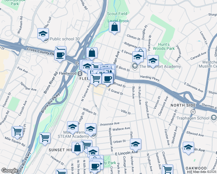 map of restaurants, bars, coffee shops, grocery stores, and more near 505 Gramatan Avenue in Mount Vernon