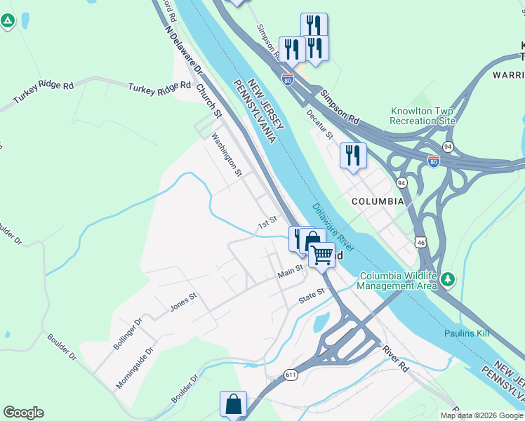 map of restaurants, bars, coffee shops, grocery stores, and more near 601 Washington Street in Mount Bethel