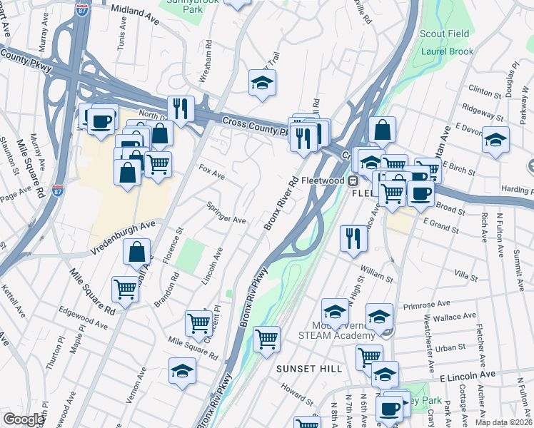 map of restaurants, bars, coffee shops, grocery stores, and more near in Yonkers