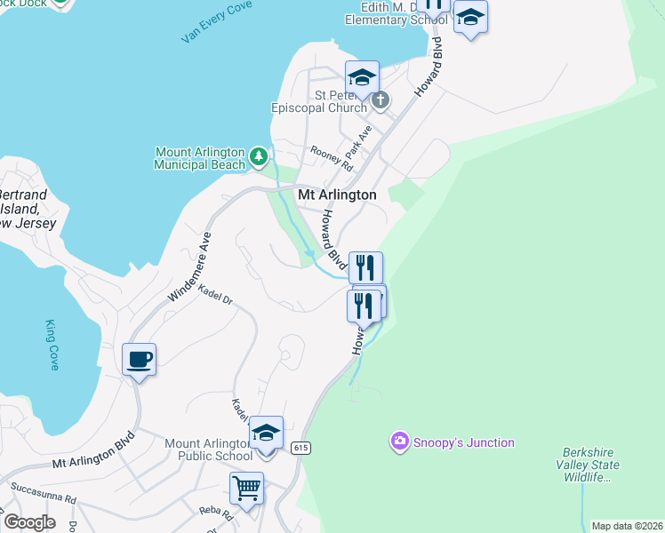 map of restaurants, bars, coffee shops, grocery stores, and more near 355 Howard Boulevard in Mount Arlington