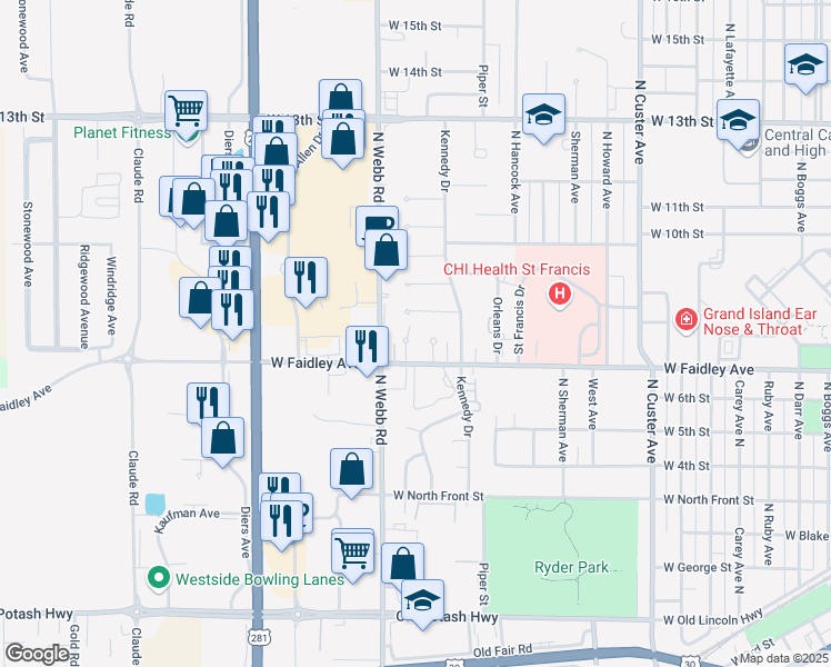map of restaurants, bars, coffee shops, grocery stores, and more near 663 Faidley Place in Grand Island