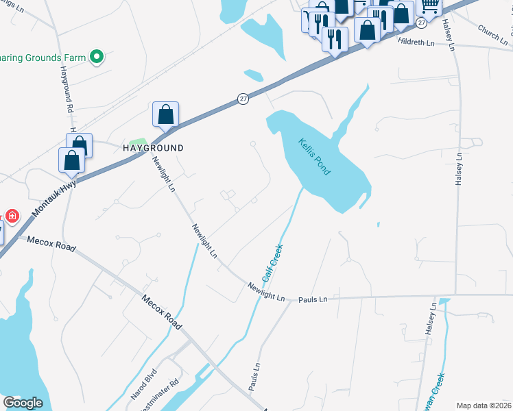 map of restaurants, bars, coffee shops, grocery stores, and more near 17 West Pond Drive in Water Mill