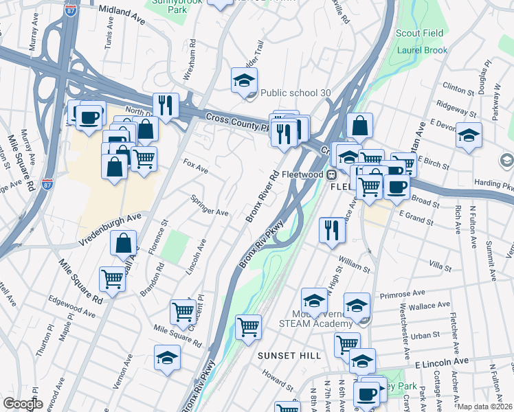 map of restaurants, bars, coffee shops, grocery stores, and more near in Yonkers