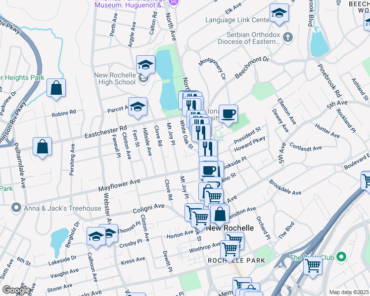map of restaurants, bars, coffee shops, grocery stores, and more near 51 White Oak Street in New Rochelle