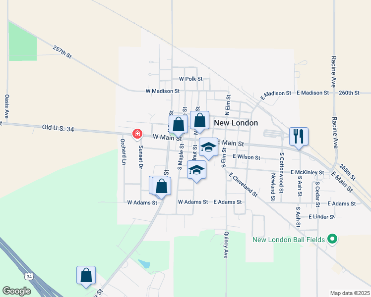 map of restaurants, bars, coffee shops, grocery stores, and more near 252-298 W Main St in New London