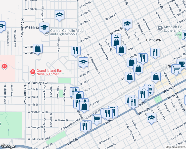 map of restaurants, bars, coffee shops, grocery stores, and more near 1200-1298 W 7th St in Grand Island