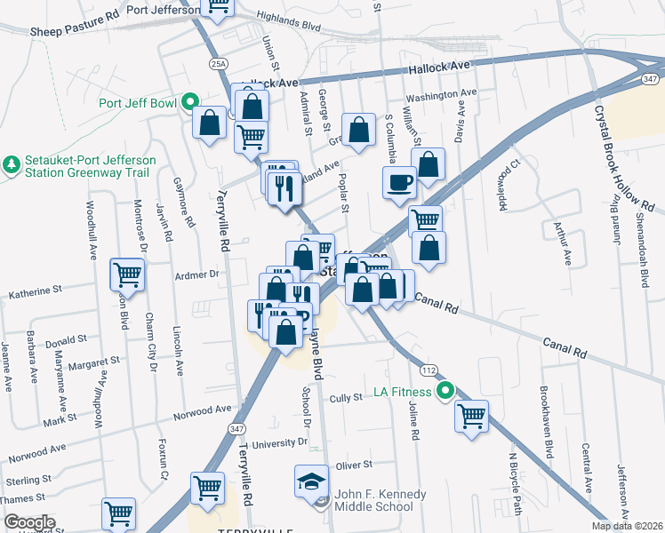 map of restaurants, bars, coffee shops, grocery stores, and more near 738 Patchogue Road in Port Jefferson Station