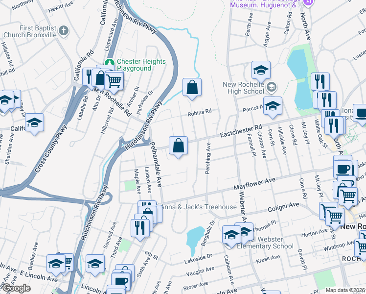 map of restaurants, bars, coffee shops, grocery stores, and more near 267 Eastchester Road in New Rochelle