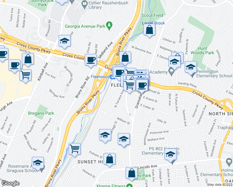 map of restaurants, bars, coffee shops, grocery stores, and more near 685 Locust Street in Mount Vernon