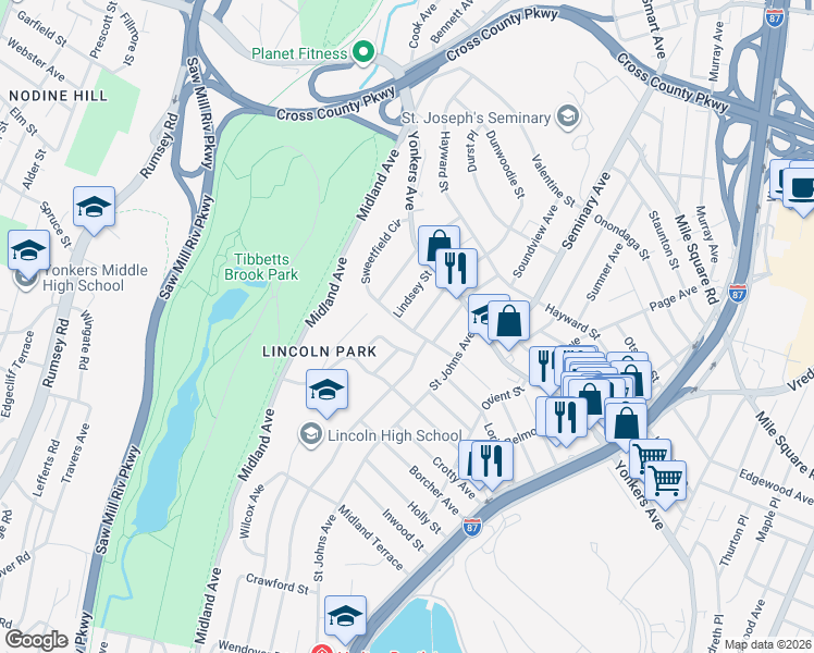map of restaurants, bars, coffee shops, grocery stores, and more near 18 Lindsey Street in Yonkers